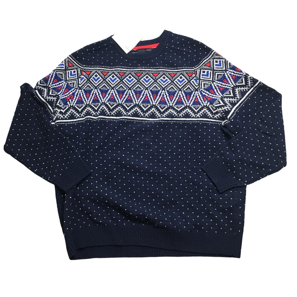NWT Lands' End Mens Lambswool LS Crewneck Classic Navy Fair Isle Sweater XXL